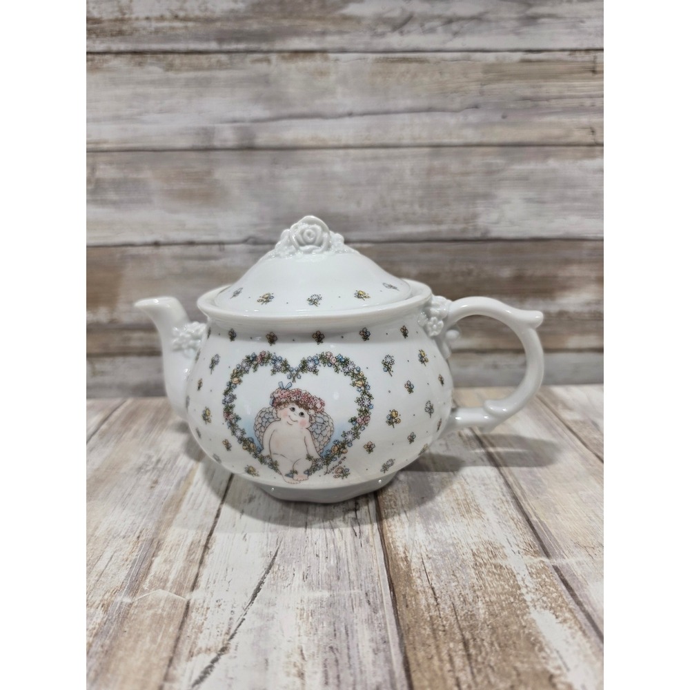 Vintage 1994 Dreamsicles Cherub Angel Floral White Porcelain Teapot Rose Lid